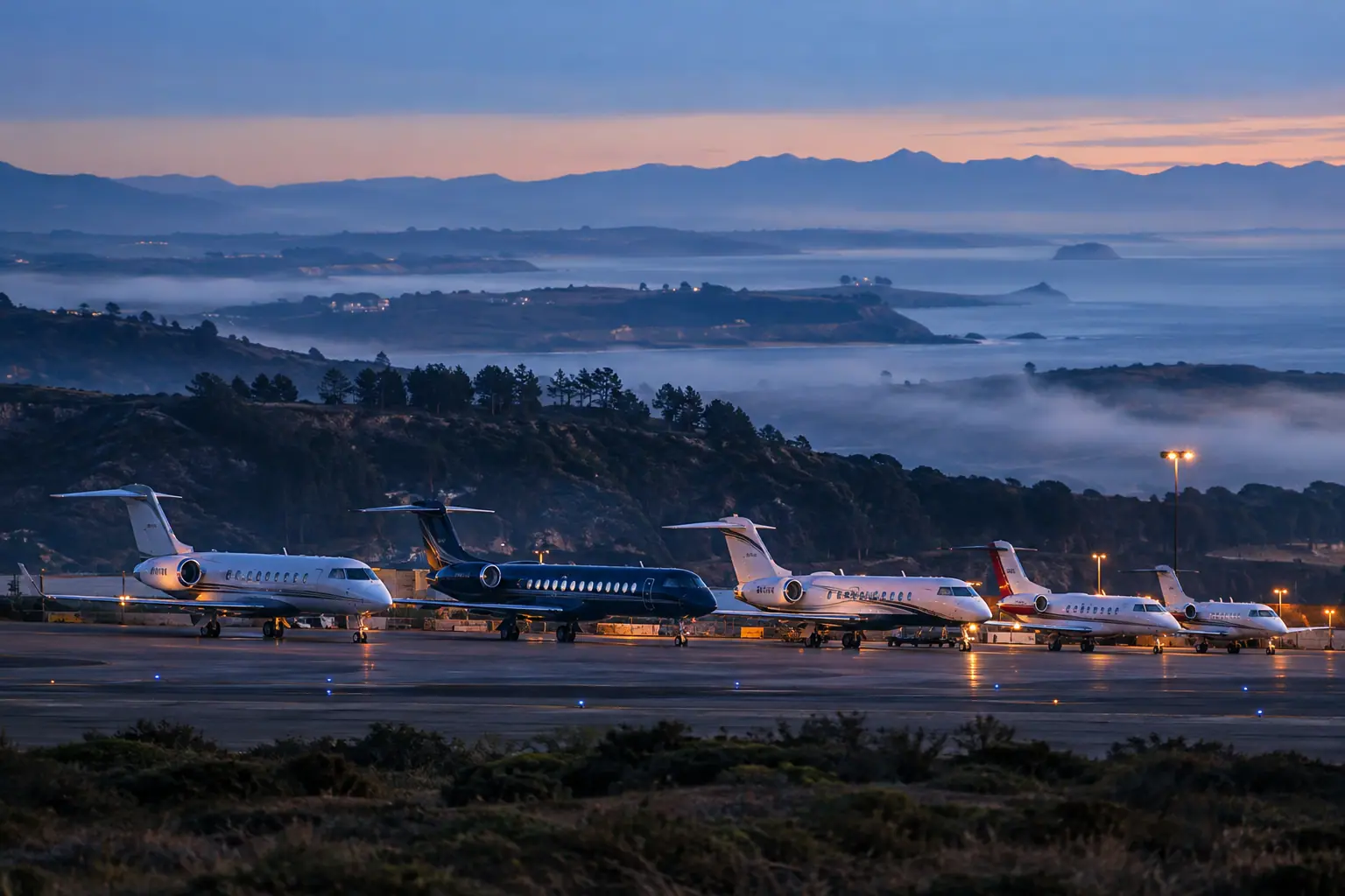 Business jets of different sizes on a ramp